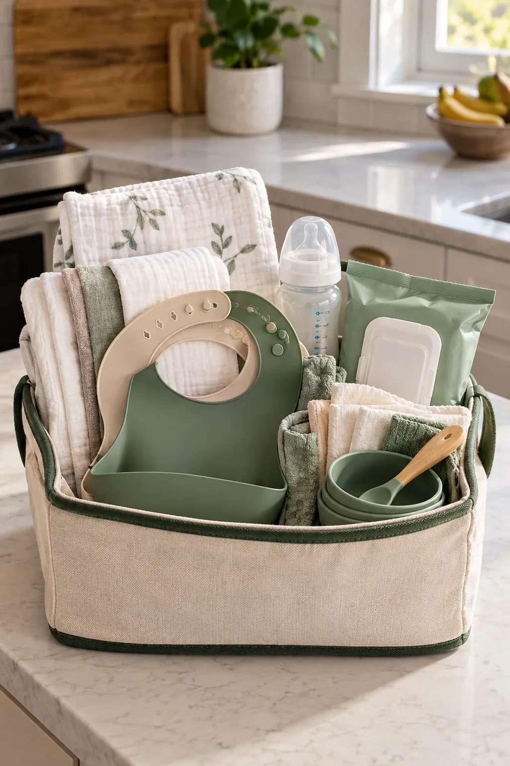 Early Feeding Basket arranged as a useful baby shower gift basket