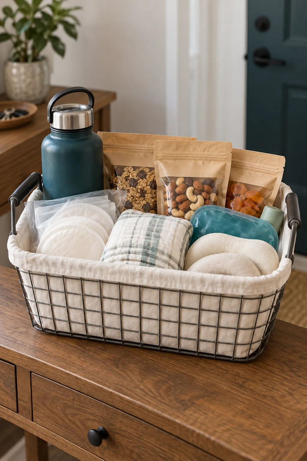 Nursing Support Basket arranged as a useful baby shower gift basket