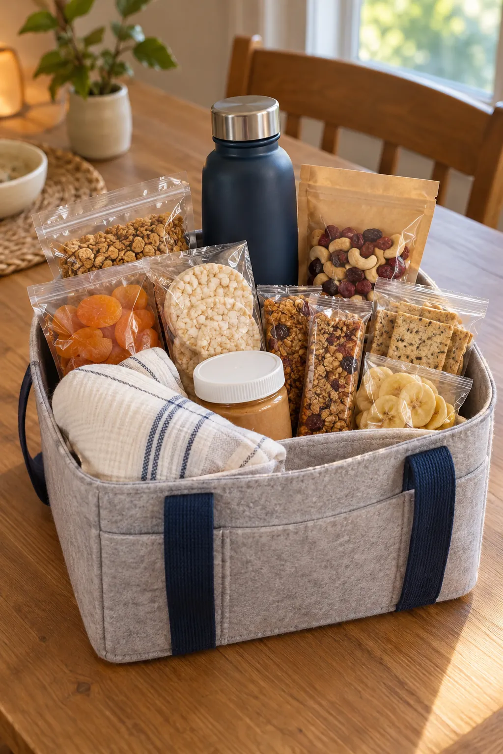 New Mom Snack Basket arranged as a useful baby shower gift basket