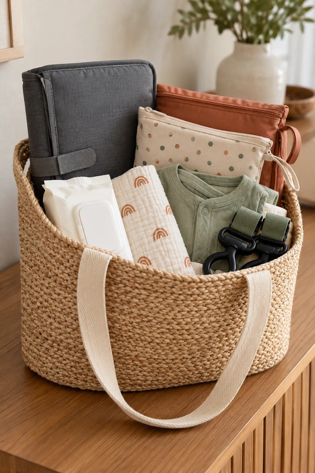 Baby Travel Basket arranged as a useful baby shower gift basket