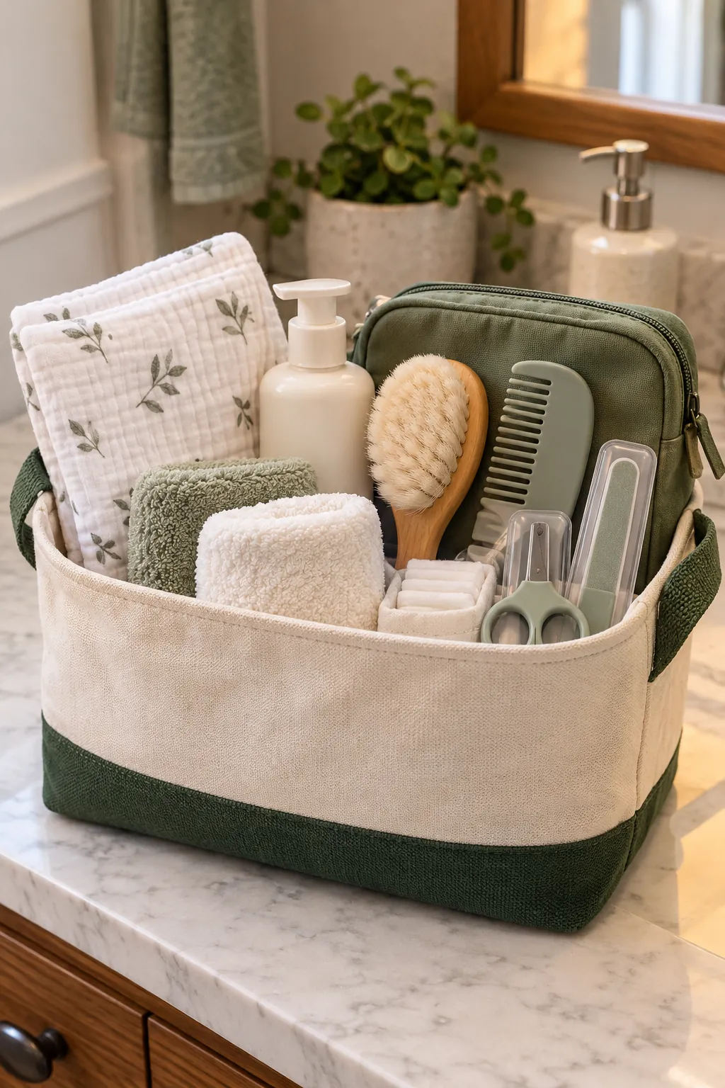 Baby Grooming Basket arranged as a useful baby shower gift basket