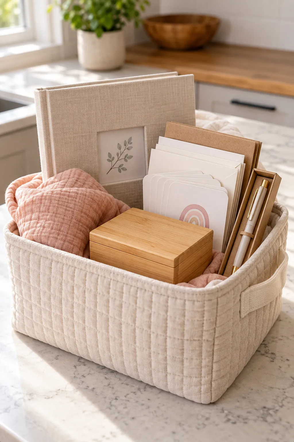 First Year Keepsake Basket arranged as a useful baby shower gift basket