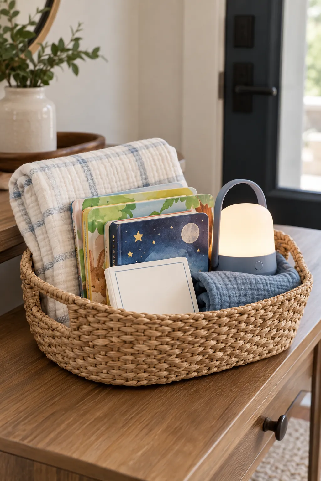 Bedtime Story Basket arranged as a useful baby shower gift basket