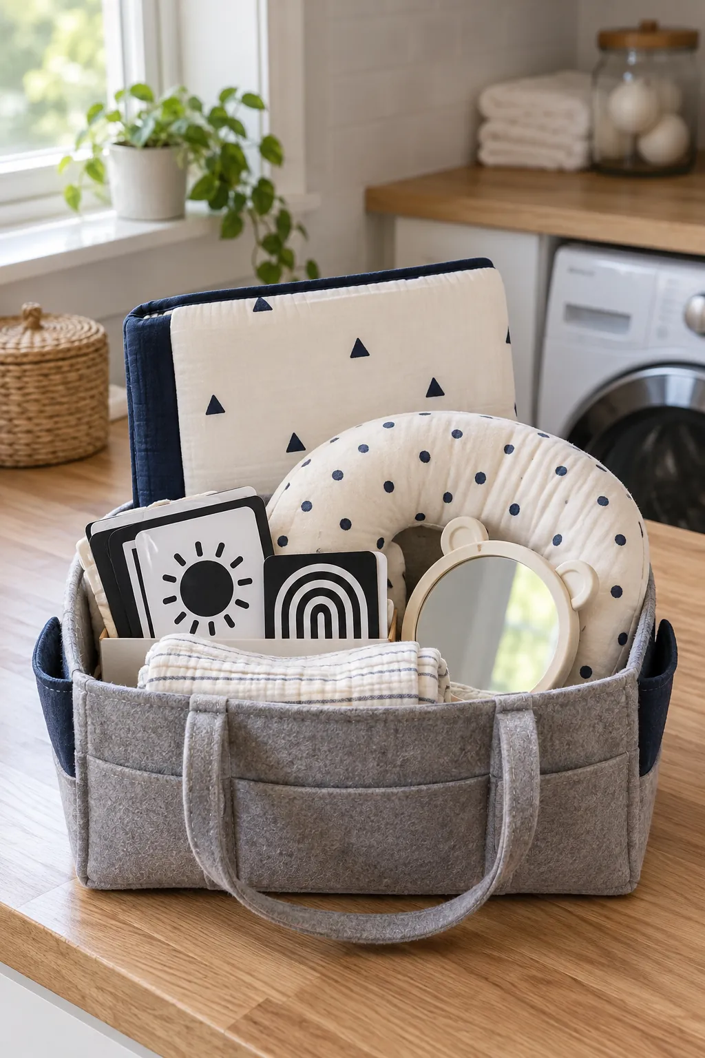 Tummy Time Basket arranged as a useful baby shower gift basket