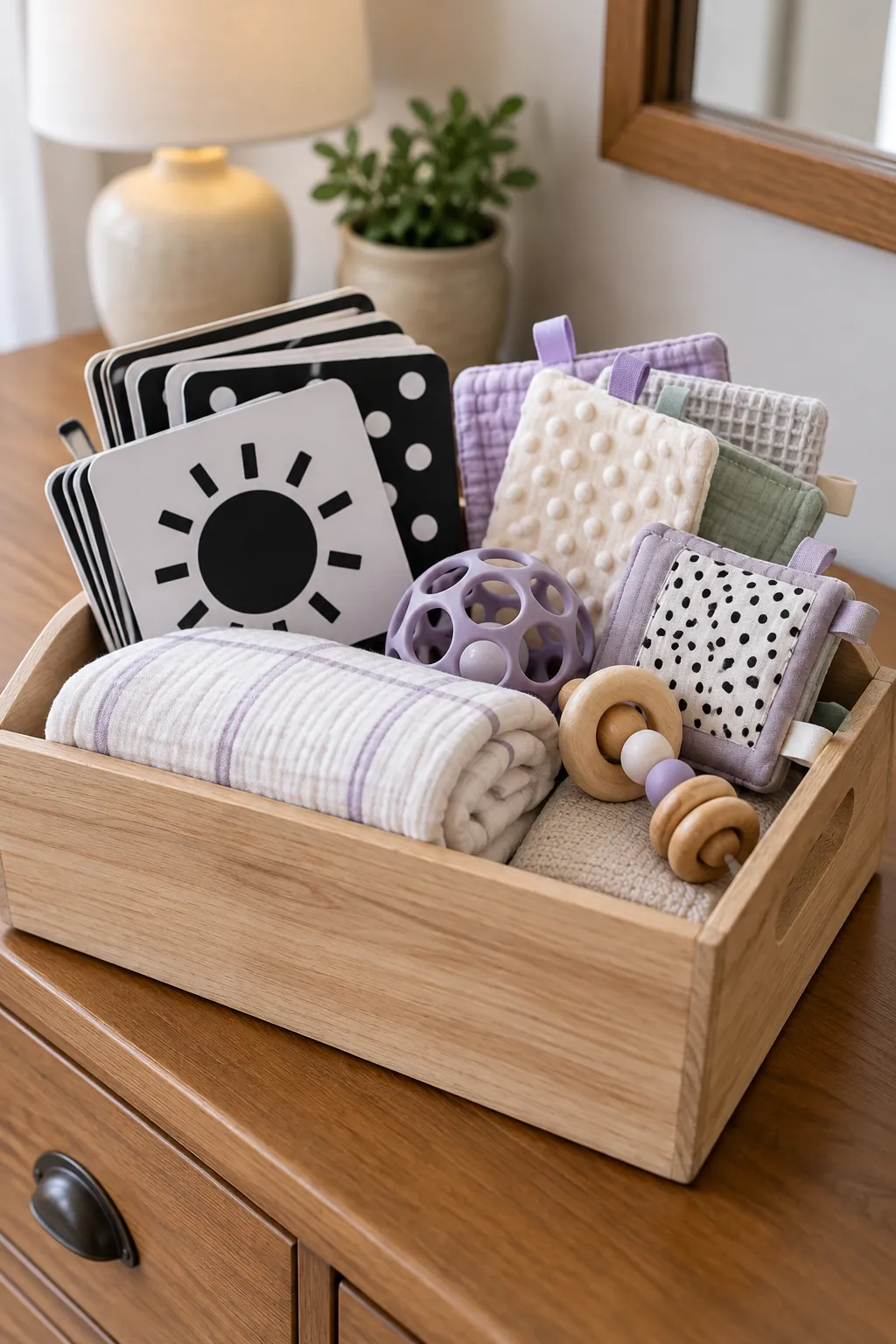 Newborn Sensory Basket arranged as a useful baby shower gift basket