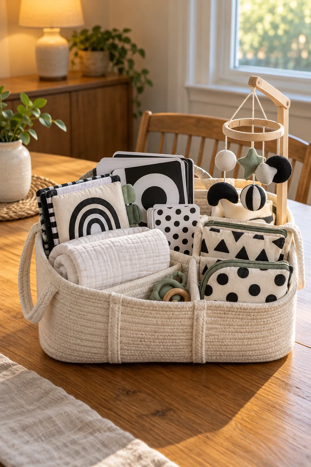 Black And White Baby Basket arranged as a useful baby shower gift basket