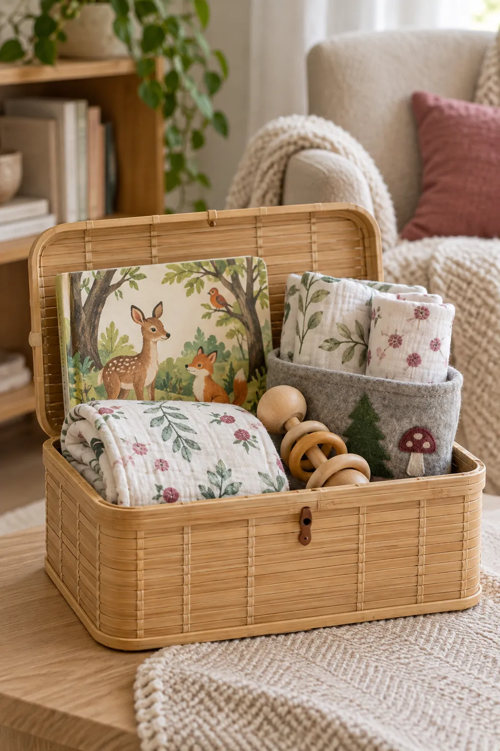Woodland Nursery Basket arranged as a useful baby shower gift basket