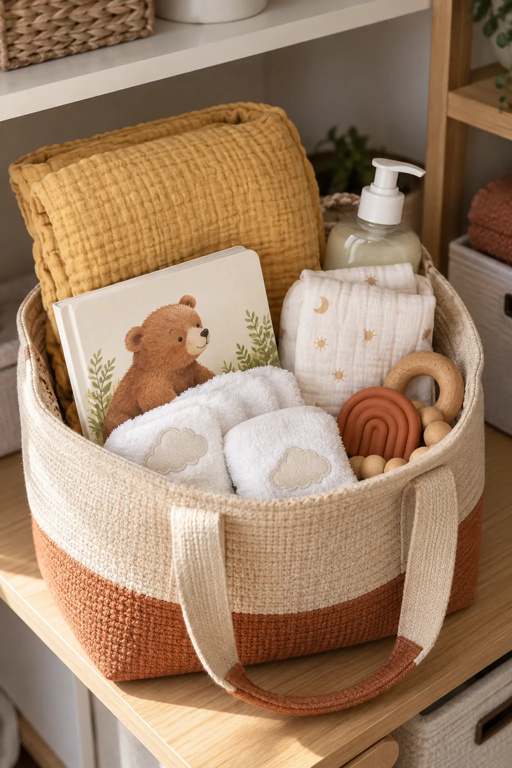 Honey Bear Story Basket arranged as a useful baby shower gift basket