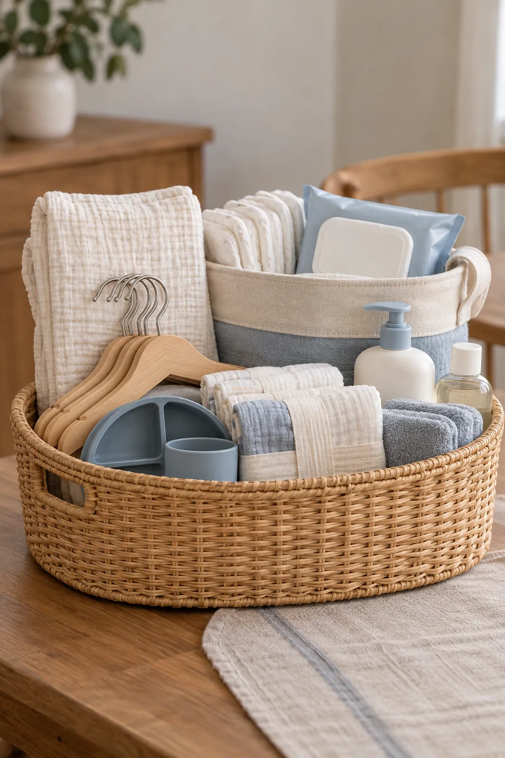 Neutral Nursery Basket arranged as a useful baby shower gift basket