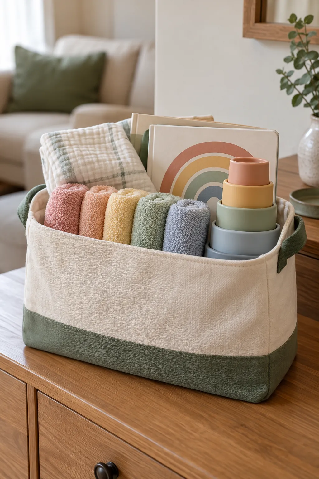 Soft Rainbow Basket arranged as a useful baby shower gift basket