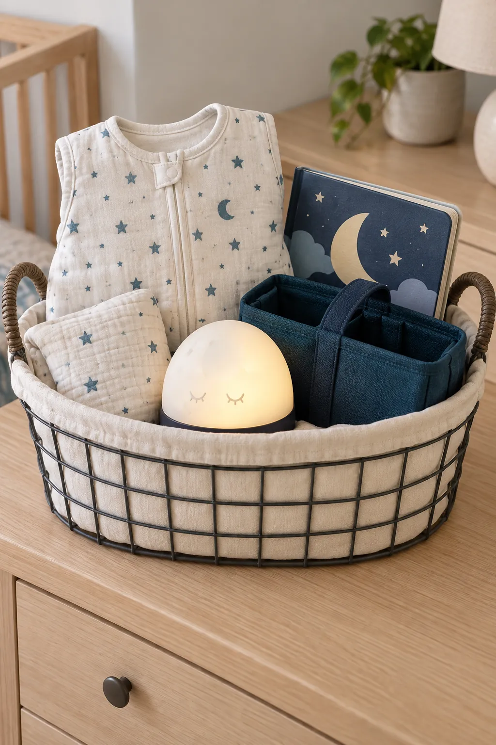 Moon And Stars Basket arranged as a useful baby shower gift basket