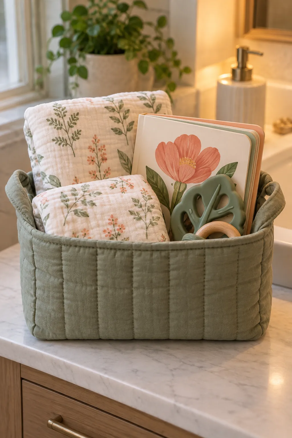Little Garden Basket arranged as a useful baby shower gift basket