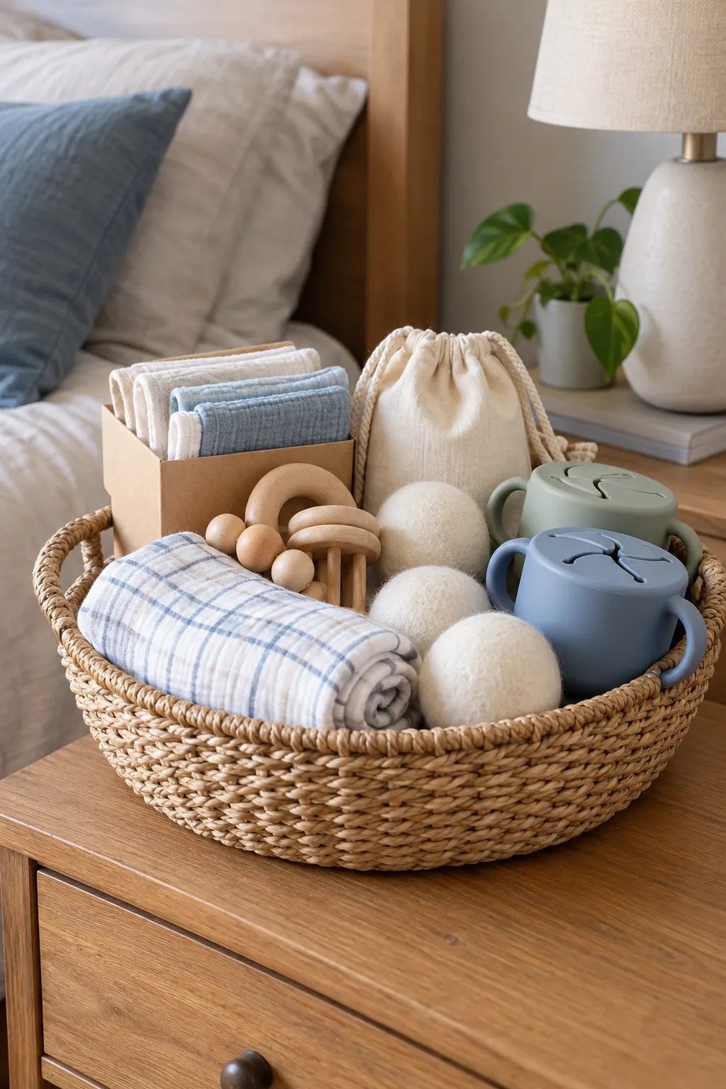 Low Waste Baby Basket arranged as a useful baby shower gift basket