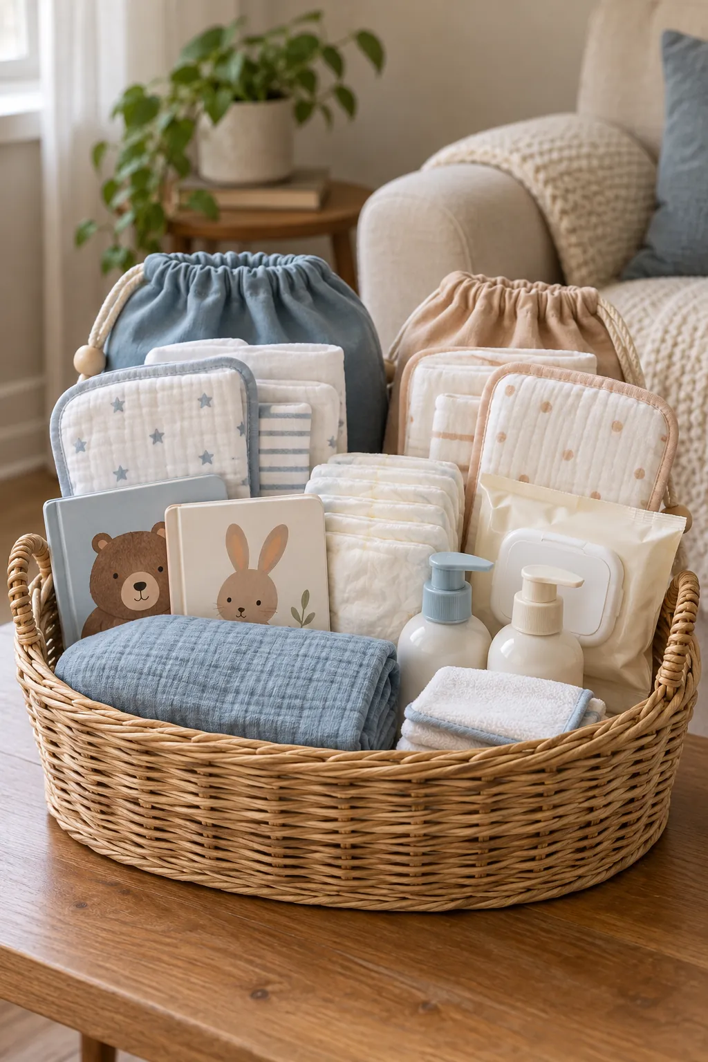 Twin Baby Basket arranged as a useful baby shower gift basket