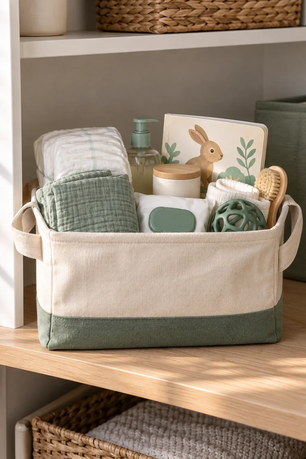 Gender Neutral Welcome Basket arranged as a useful baby shower gift basket