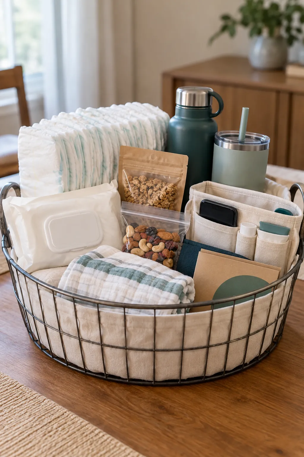First Month Survival Basket arranged as a useful baby shower gift basket