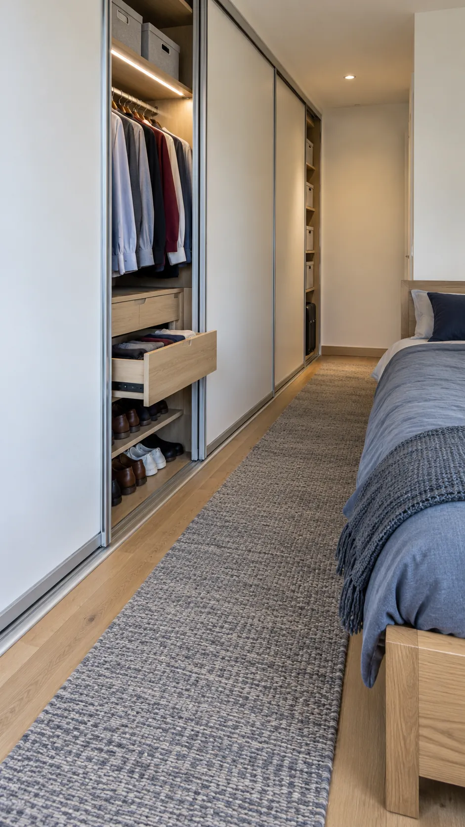 Bed parallel to sliding closet doors with a clear access lane