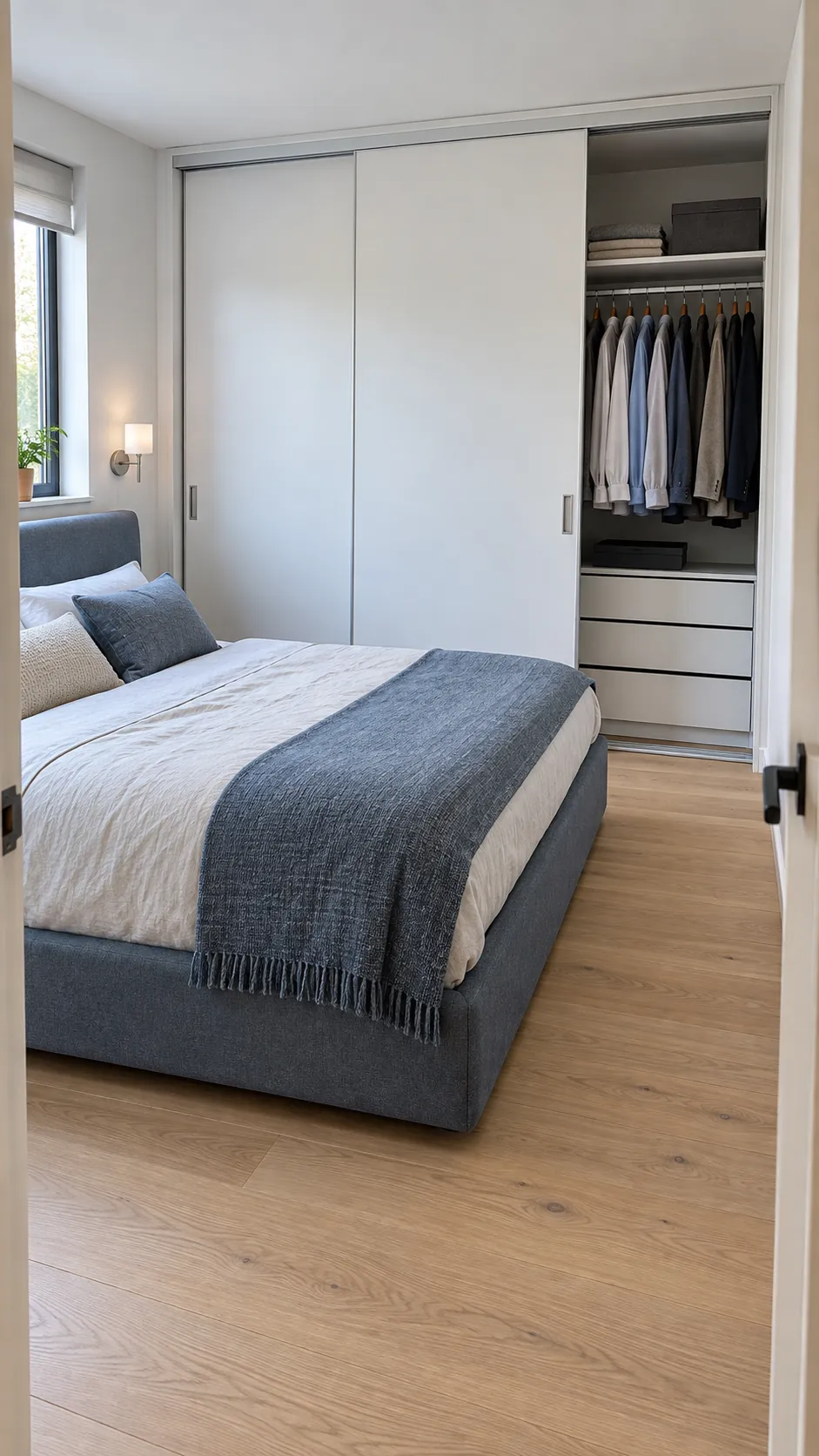 Bed positioned with clear access to sliding closet doors