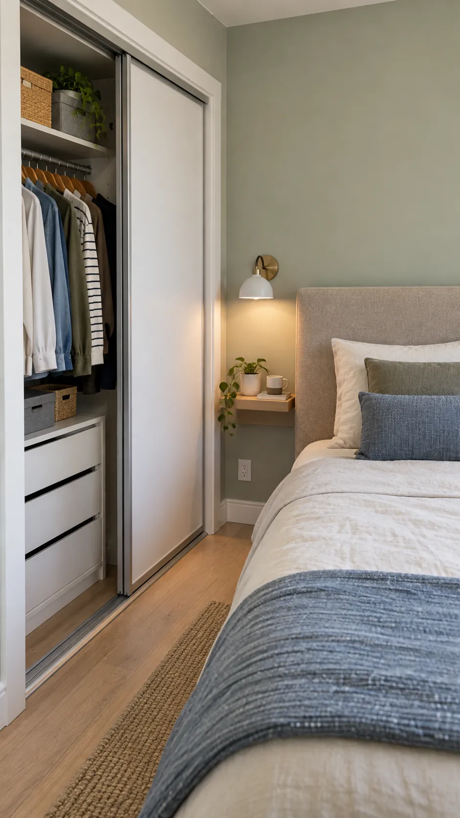 Bed headboard on a wall beside sliding closet doors