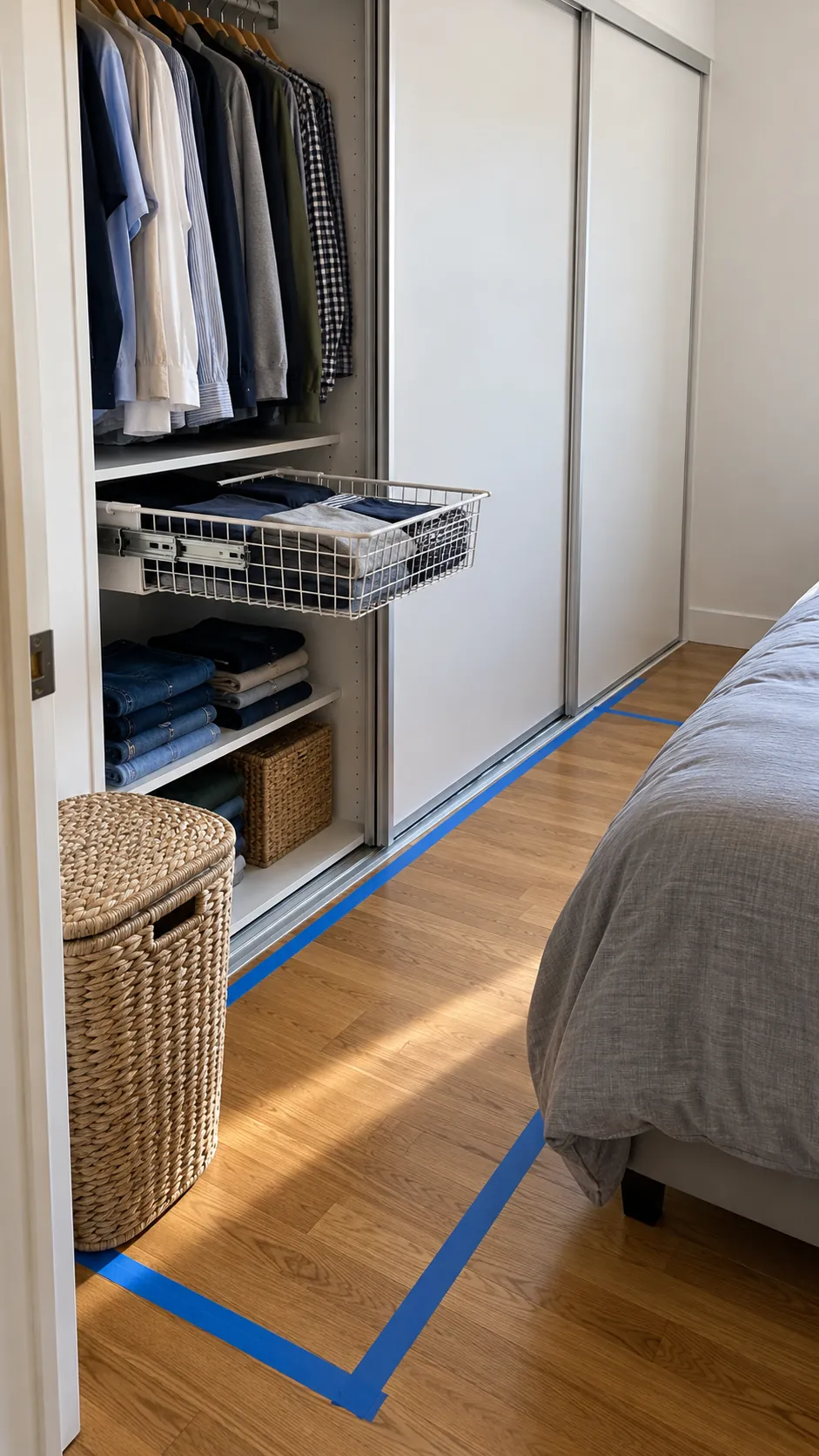 Measured walking space between a bed and sliding closet doors
