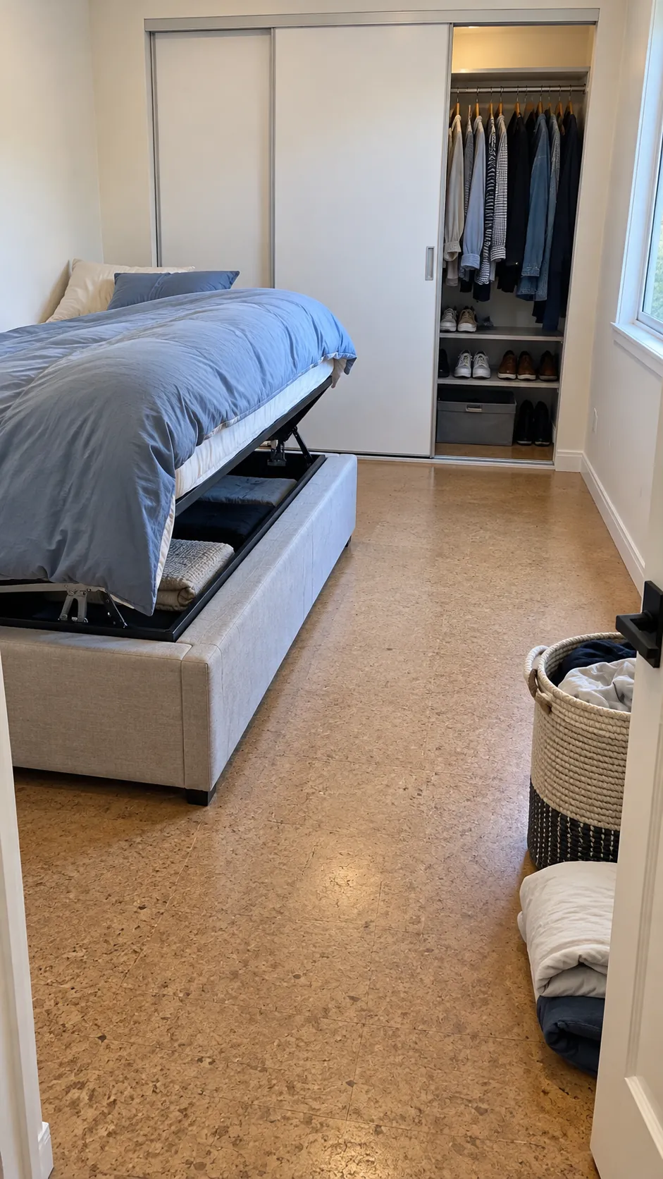 Corner bed placement that protects a sliding closet route