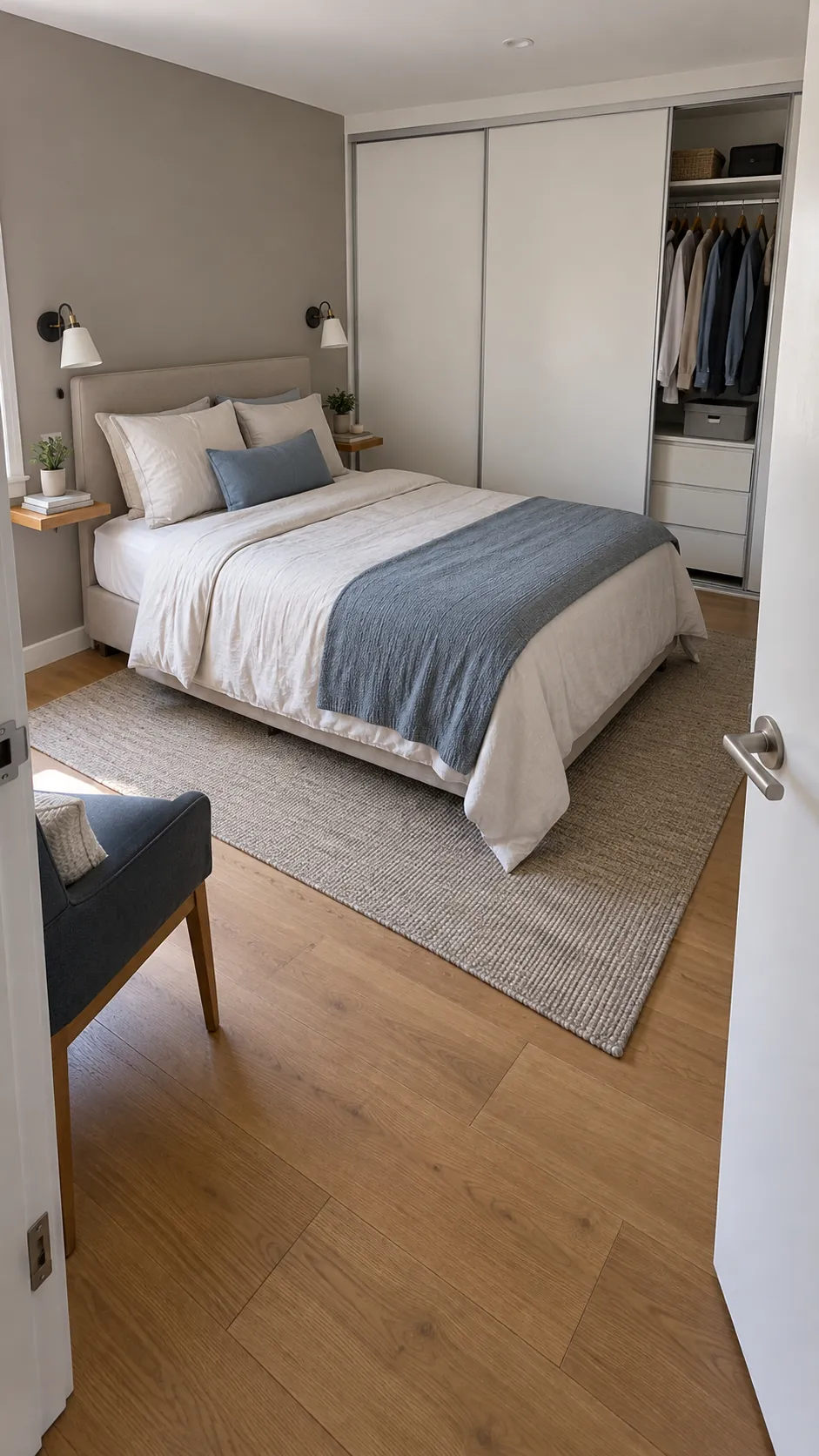 Centered bed with usable access to sliding closet doors