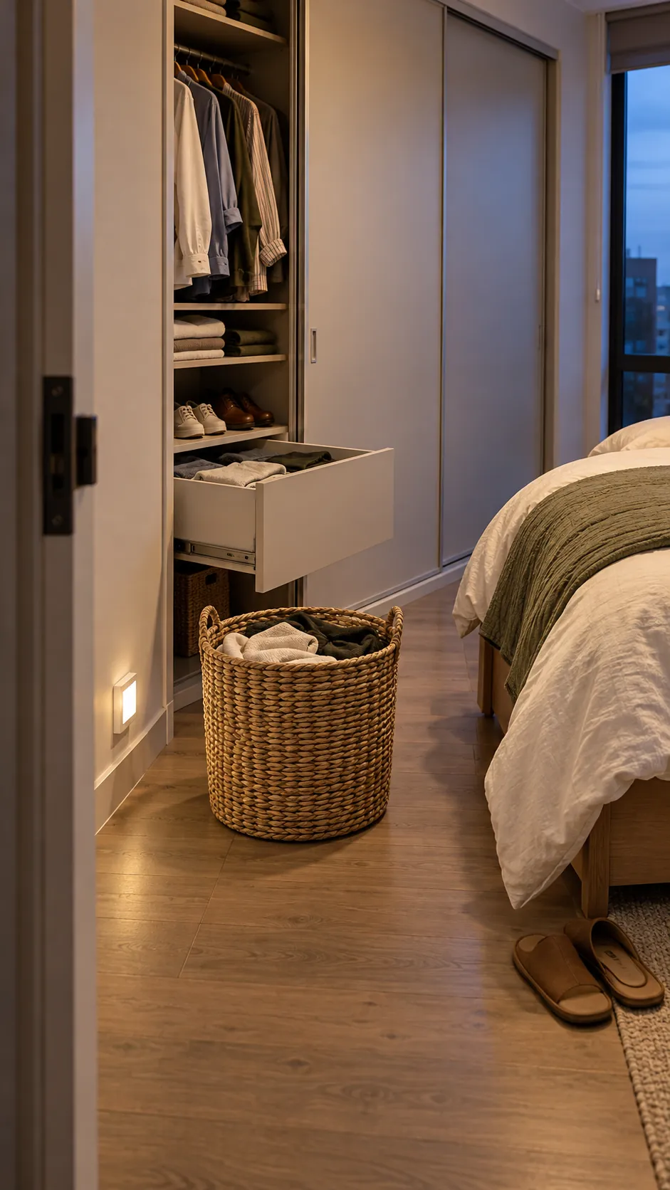 Everyday closet access test in a tight apartment bedroom