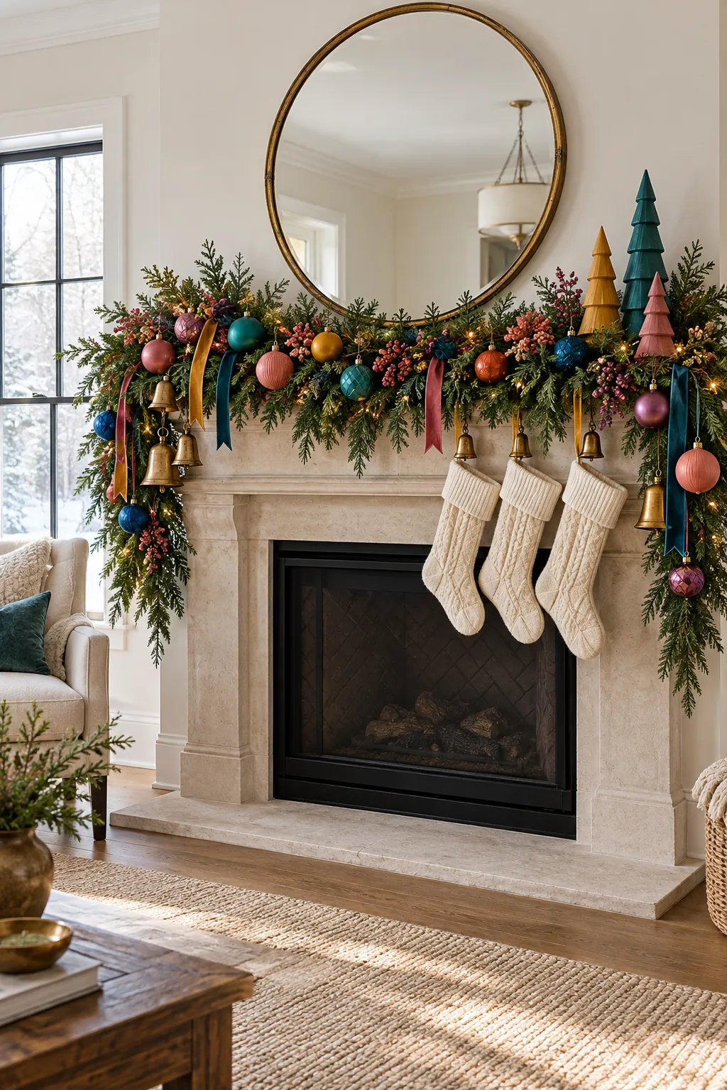 Colorful Christmas mantel with bright ornaments, velvet ribbon, greenery, and crafted decorations