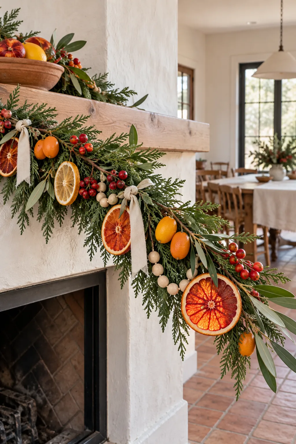 Dried citrus and bright berries in a colorful Christmas mantel garland