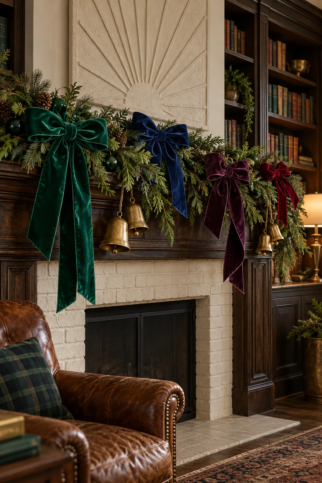 Jewel tone velvet bows and brass bells on a Christmas mantel