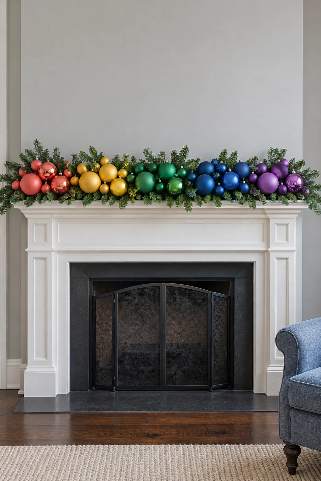 Rainbow ornament gradient arranged through an evergreen Christmas mantel garland