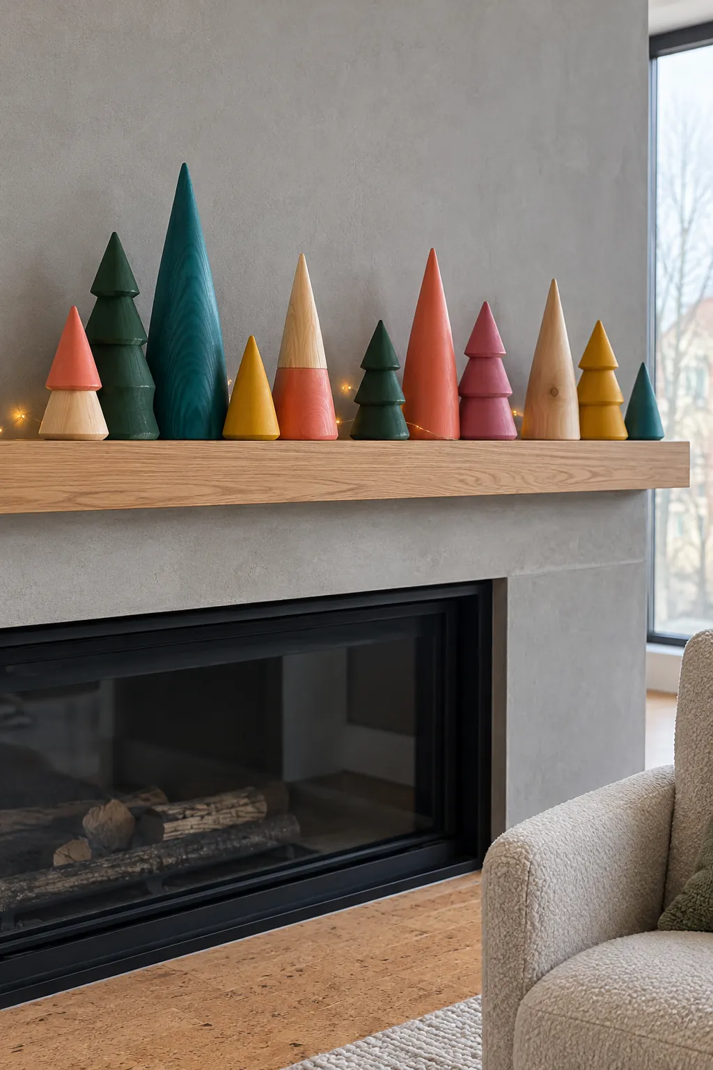 Colorful painted wood Christmas tree village on a modern mantel