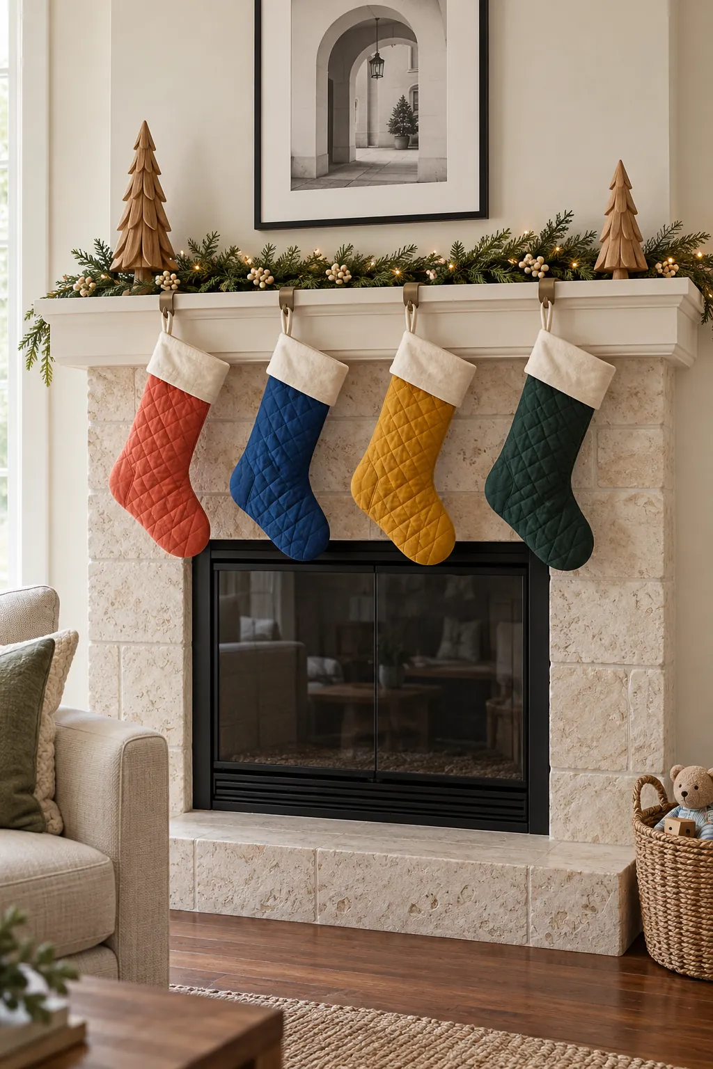 Color block Christmas stockings beneath a simple green mantel garland