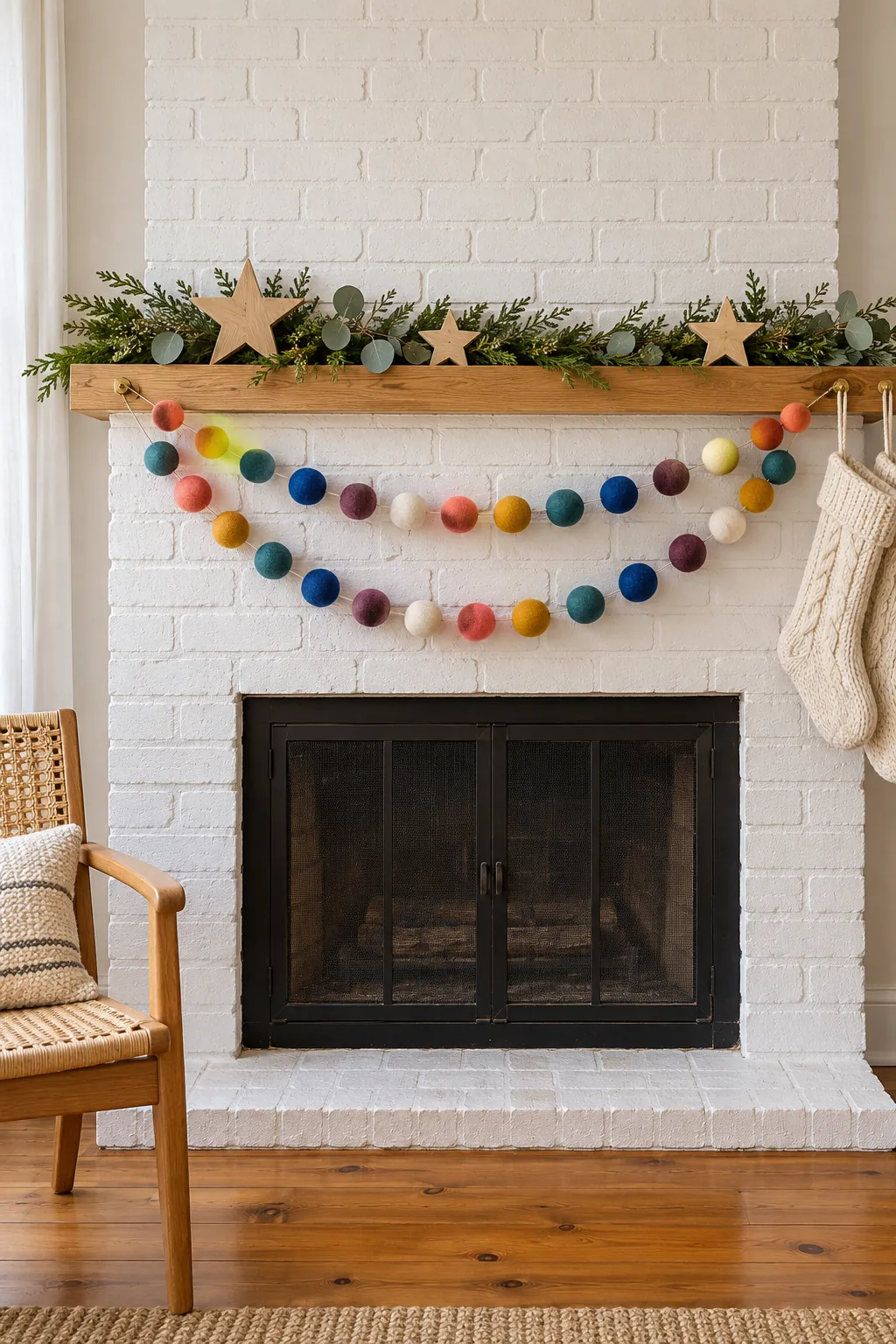 Layered colorful felt ball garlands across a holiday fireplace mantel