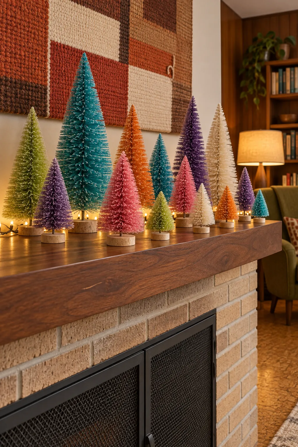 Multicolor bottlebrush tree forest displayed on a festive mantel