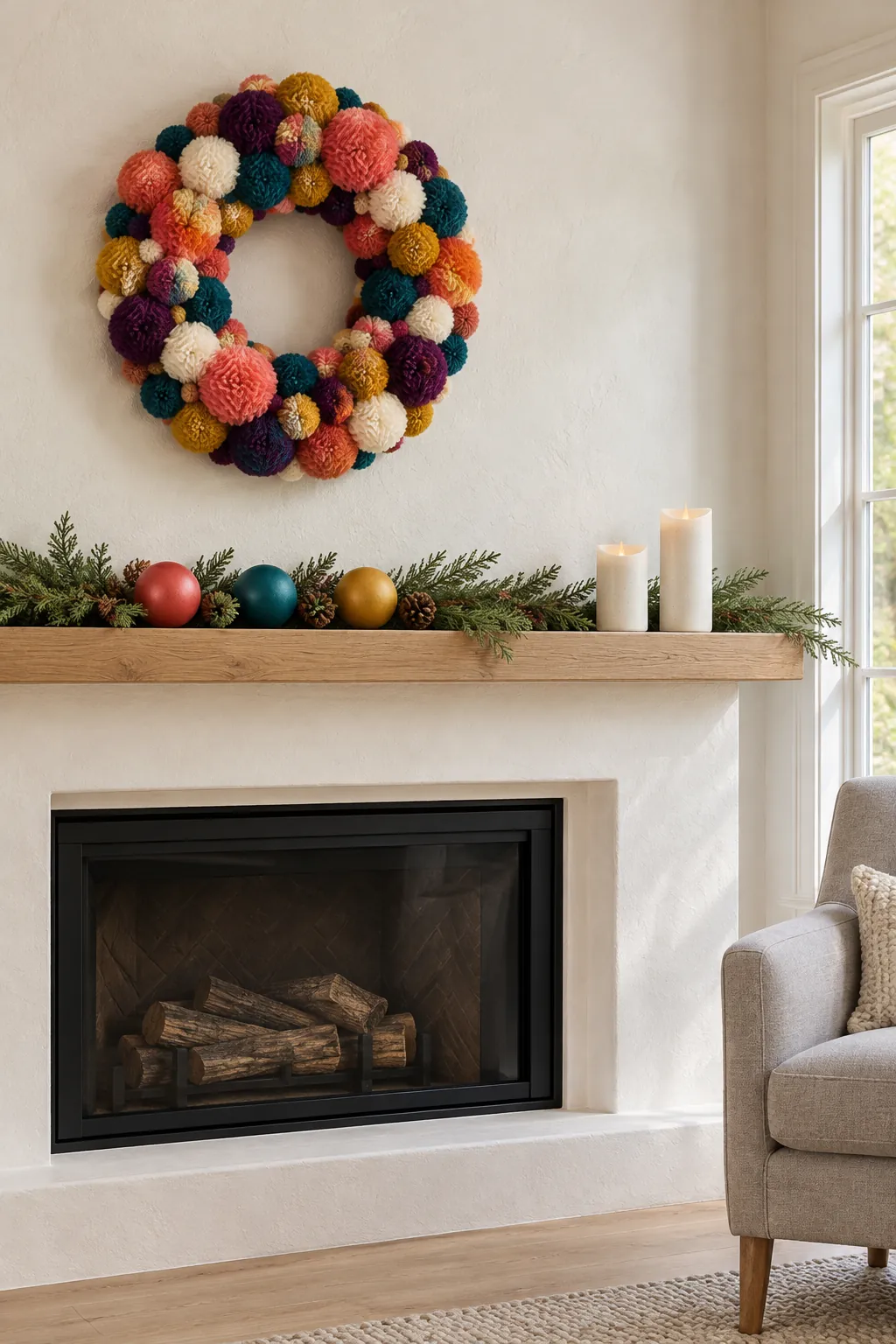 Colorful pom pom wreath above a simple Christmas mantel