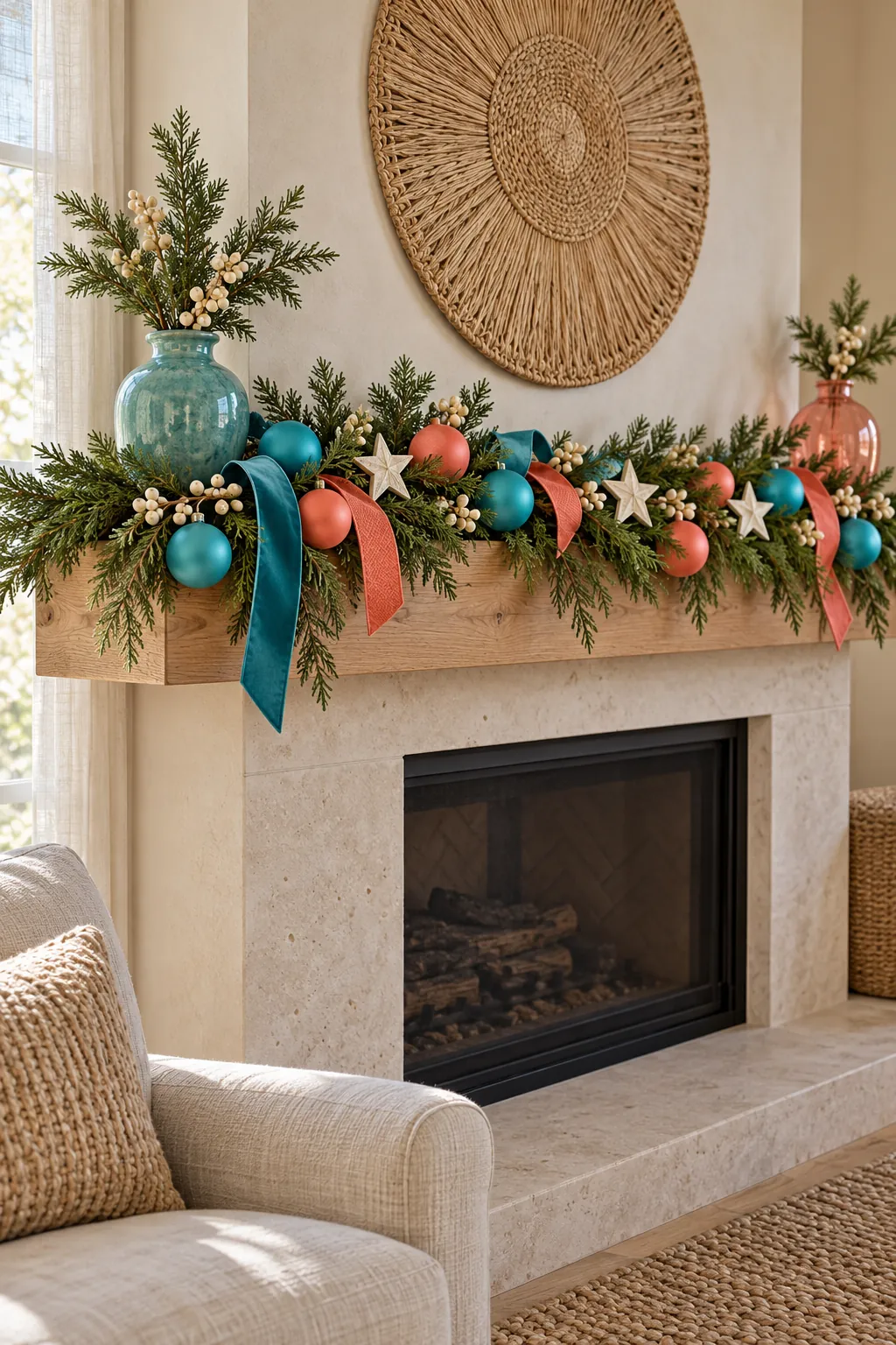 Turquoise and coral Christmas mantel decor with cream and greenery