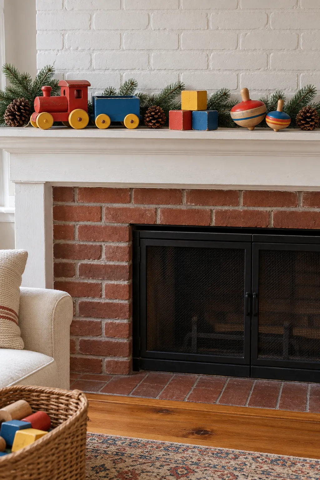 Primary color wooden toys arranged as nostalgic Christmas mantel decor