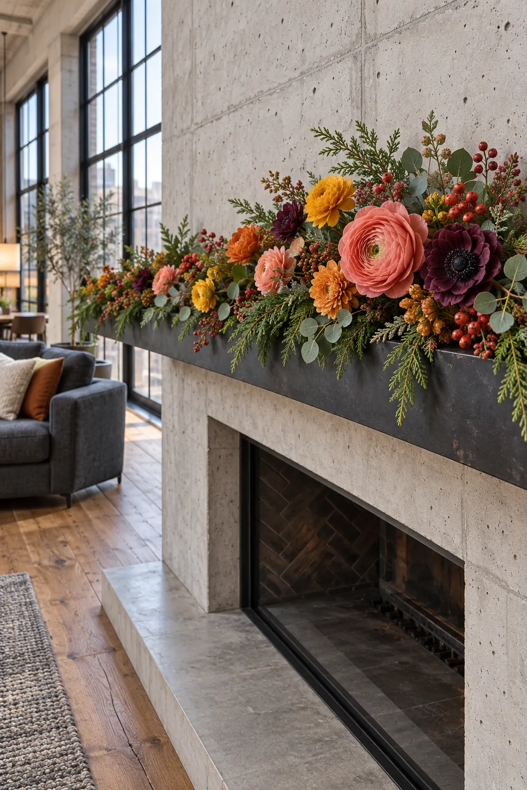 Bright pink orange yellow and plum flowers in a Christmas mantel garland