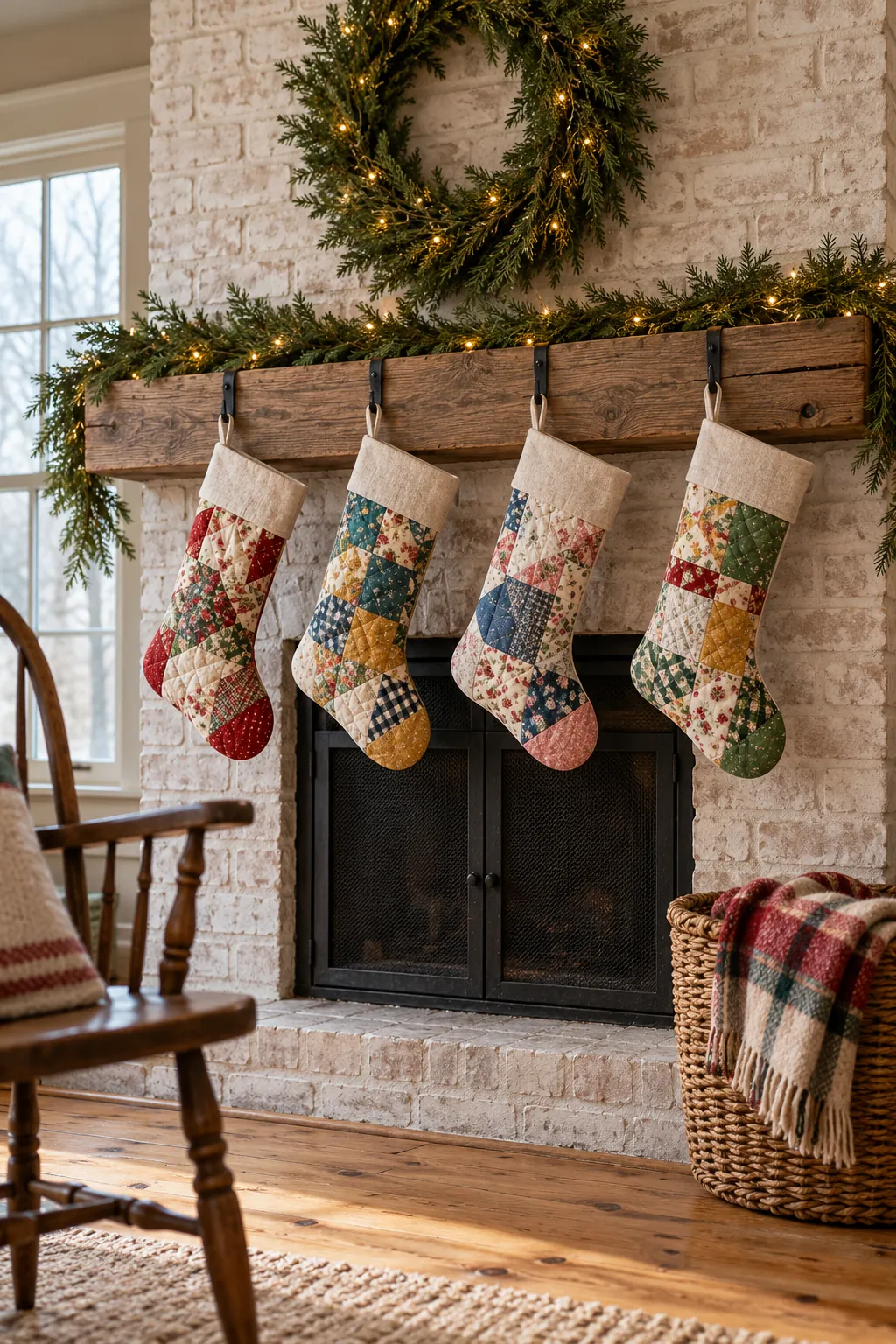 Colorful patchwork quilt stockings under a restrained Christmas mantel