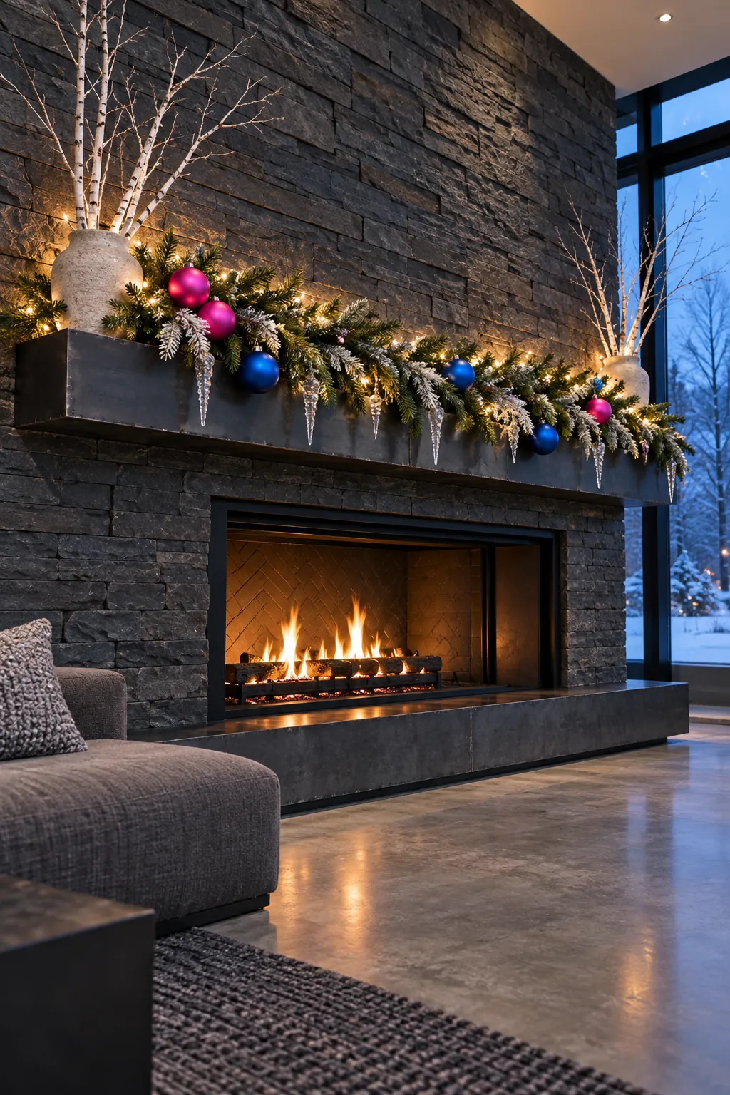 Neon pink and blue accents on greenery against a dark stone fireplace