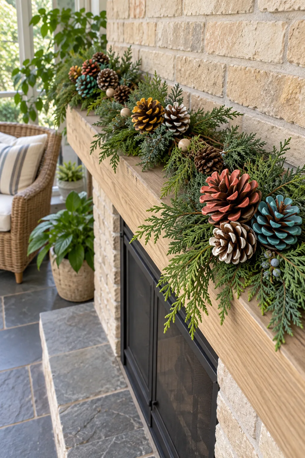Color dipped pinecone clusters decorating evergreen Christmas mantel garland