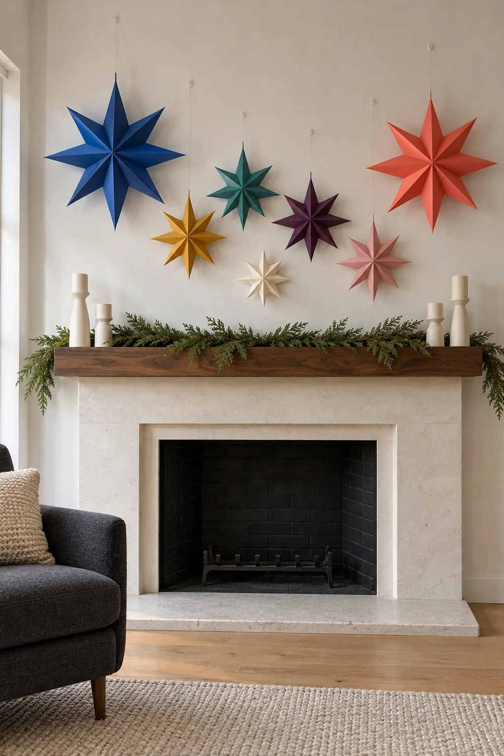 Oversized colorful folded paper stars above a simple fireplace mantel