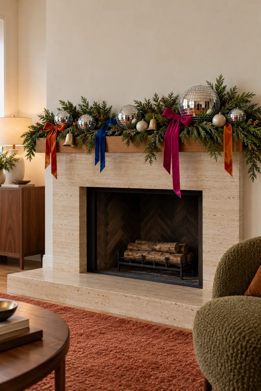 Small mirror balls with fuchsia cobalt and orange ribbon on a mantel