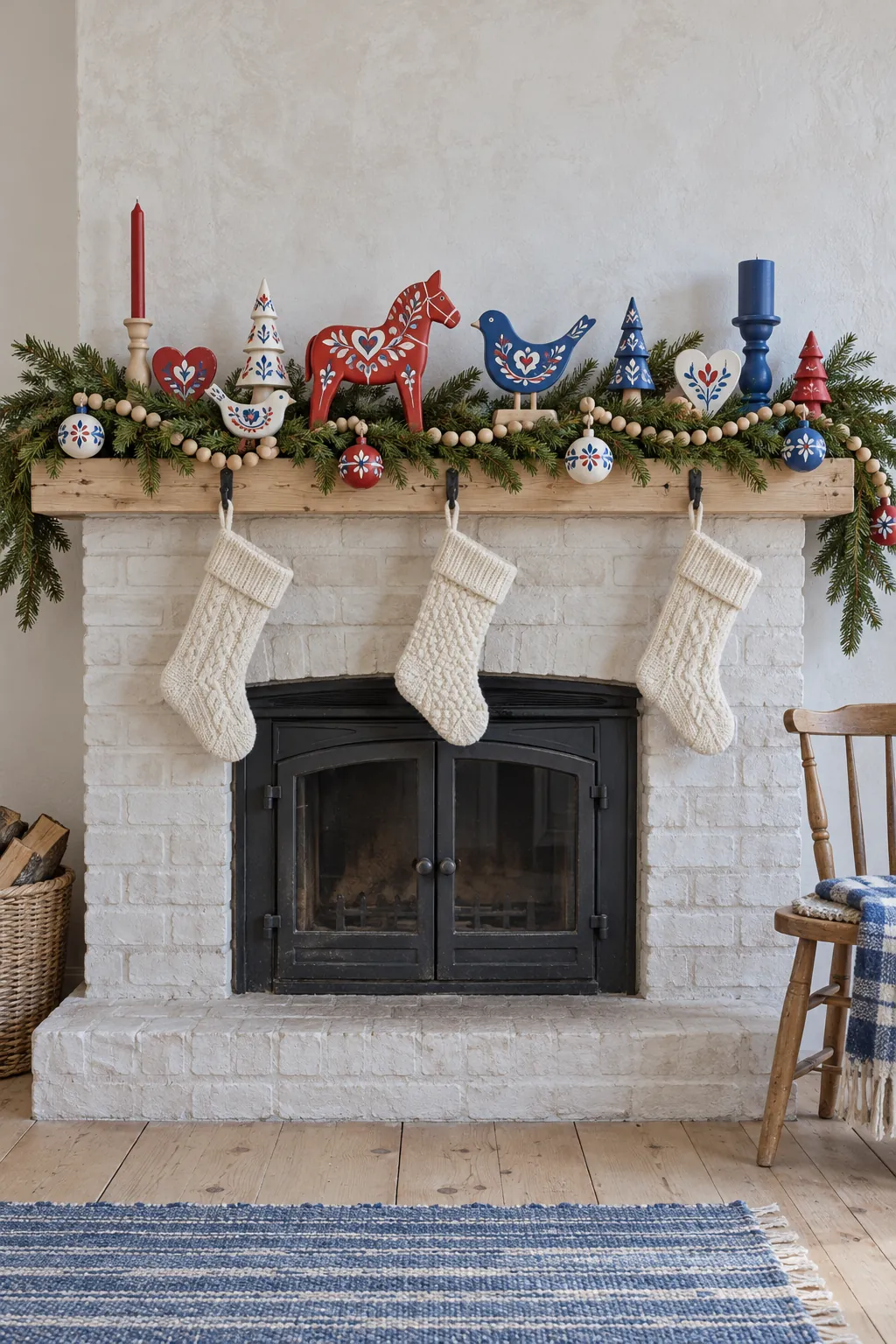 Red blue and white Scandinavian folk ornaments on a Christmas mantel
