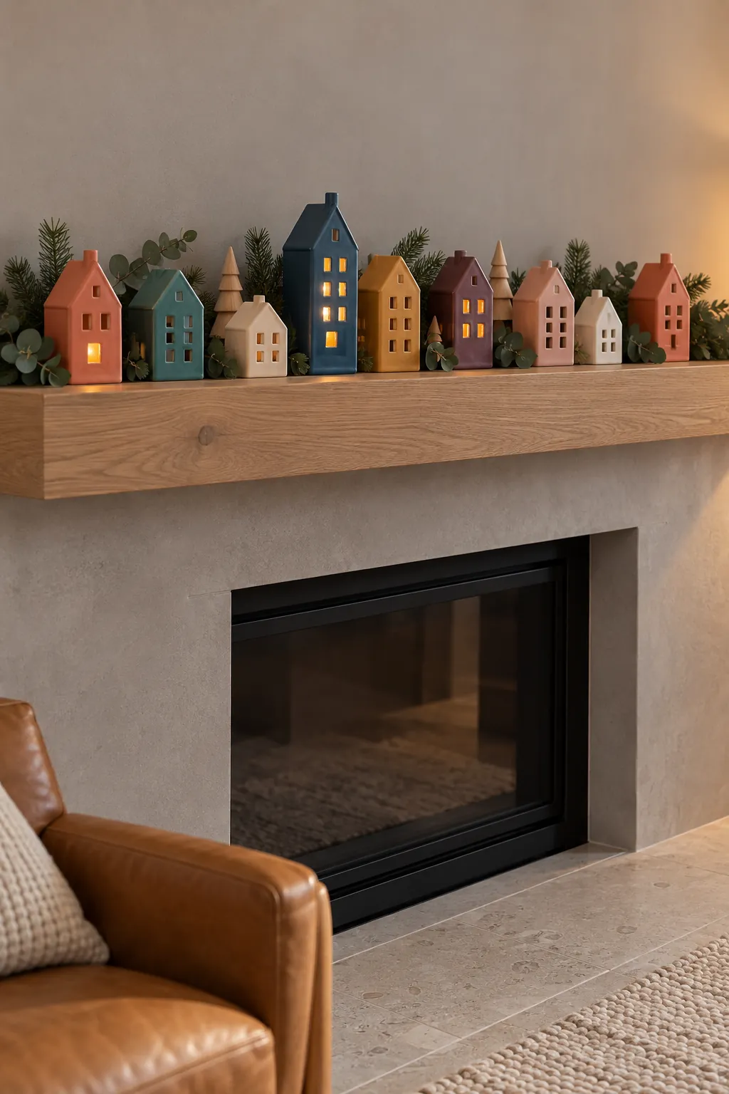 Colorful matte ceramic Christmas house row on a mantel
