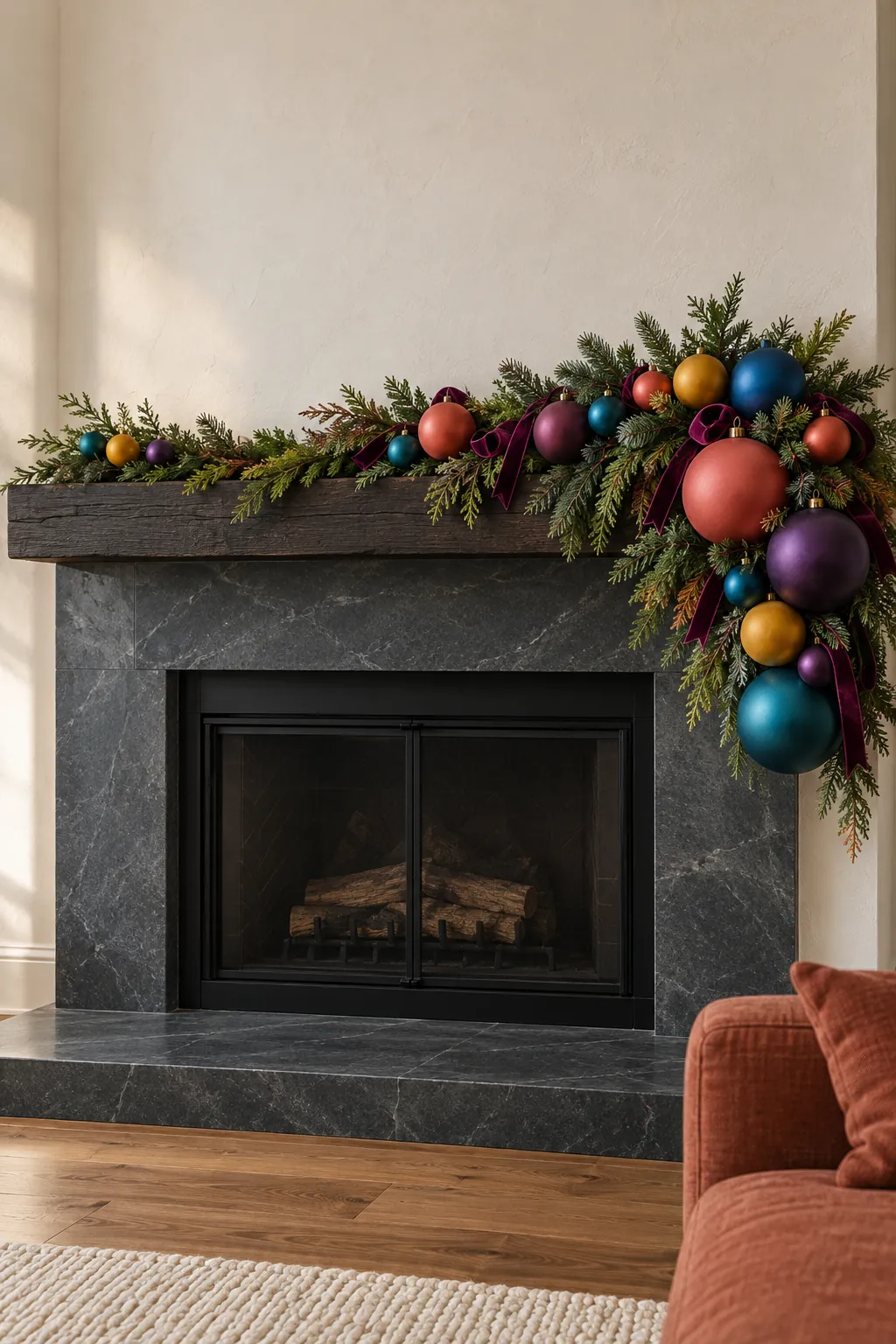 Asymmetrical colorful ornament cascade across a Christmas mantel