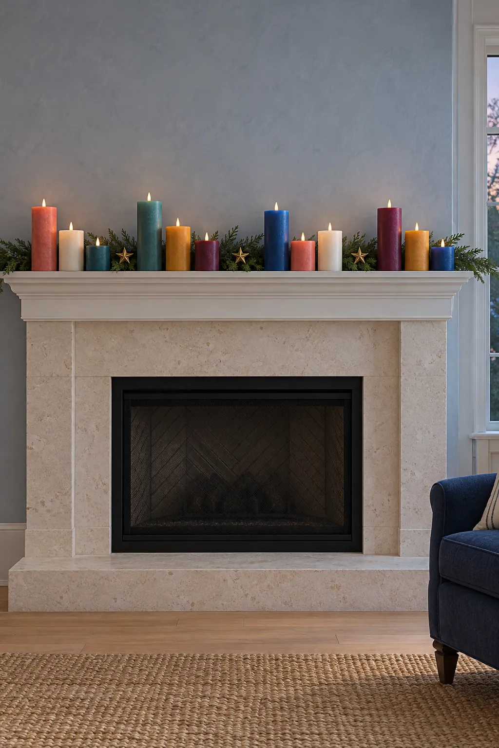 Colorful battery candles in varied heights along a pale Christmas mantel