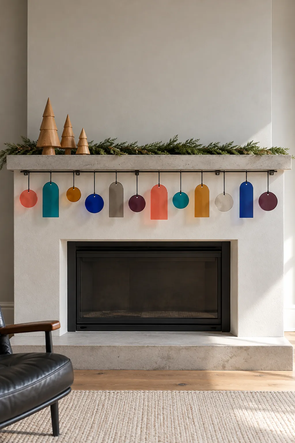 Translucent colorful acrylic ornaments along a modern Christmas mantel