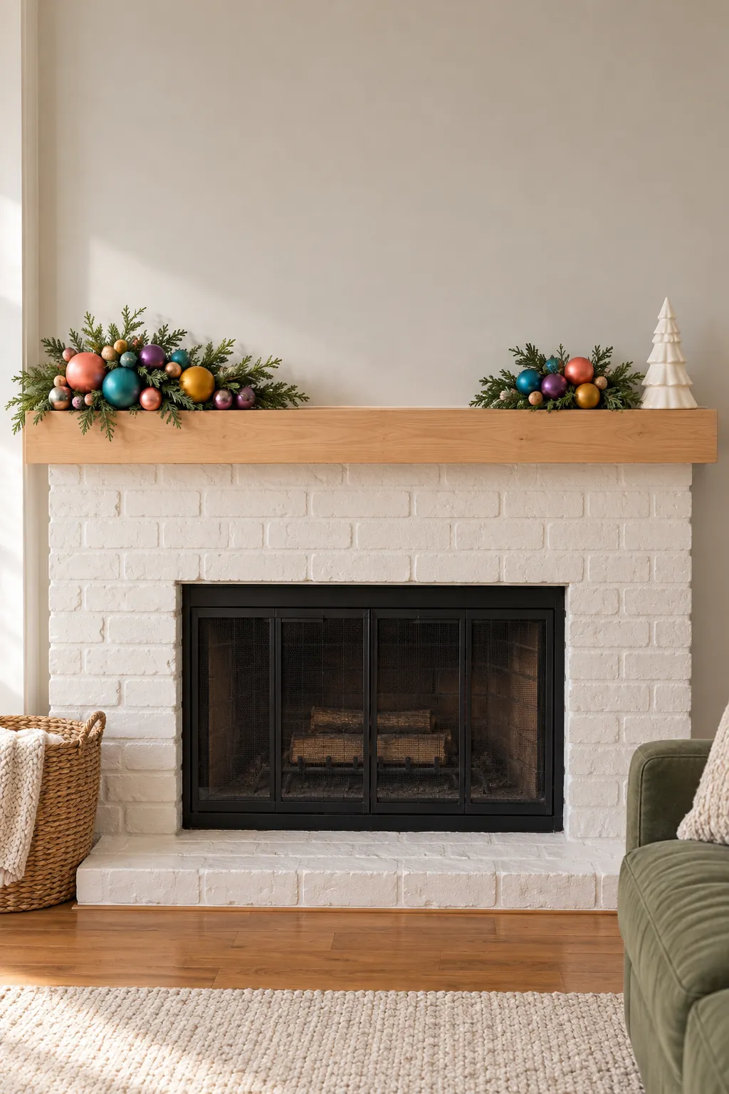 Bright confetti color clusters with clear space on a Christmas mantel
